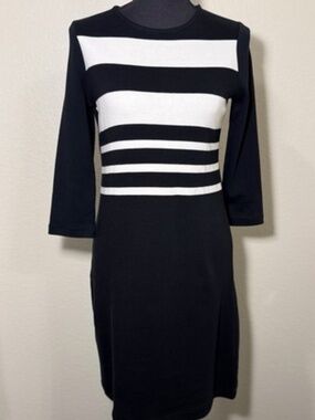 Talbots Womens XS Petite Black White Stripe Cotton A-Line Knit Dress